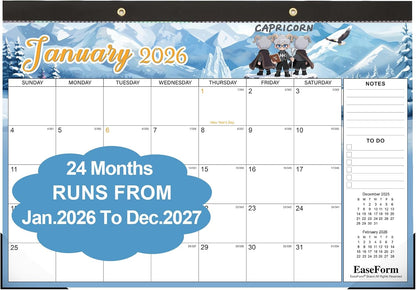 24 Month Desk Calendar 2026-2027, Runs from January 2026 to December 2027, Large 17"x12" Desktop/Wall Monthly Calendar, 2 Year Academic Calendar with Note & To Do for Home, School or office