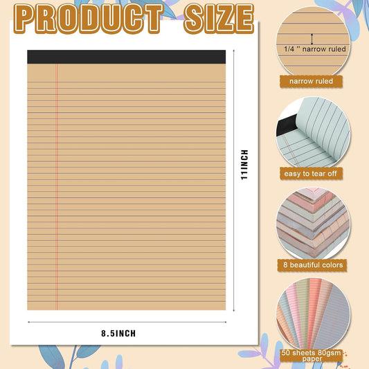 Fuutreo 8 Pcs 8.5'' x 11'' Colored Legal Pad 50 Sheets Per Writing Pads Narrow Ruled Notepad Perforated Writing Notepad Office Supplies for College Office Business (Sweet Color)