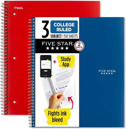 Five Star Spiral Notebook + Study App, 2 Pack, 3 Subject, College Ruled Paper, 8-1/2" x 11", 150 Sheets, Fights Ink Bleed, Water Resistant Cover, Black, Green (820191)