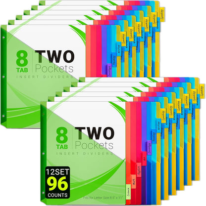 8-Tab Dividers for 3-Ring Binders, 16 Counts 3 Holes Index Dividers with 2 Pockets, Insertable 8 Tabs Binder Divider for 0.5''/1''/2''/3'' Inch Binders, 8 Colors