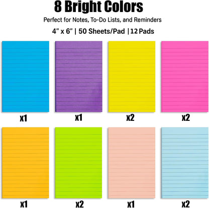 12 Pack Lined Sticky Notes, 3x3 Inch & 4x6 Inch, Ruled Self-Stick Memo Pads, Sticky Notes for Writing, to-Do Lists, Office, School, Home (Neon, 4x6 in)