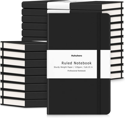 Huhuhero 5 Pack Lined Journal Notebooks, Hardcover Notebook for Work School Office, 5"×8.25", 120Gsm Thick Ruled Writing Journals for Note Taking Business, Black