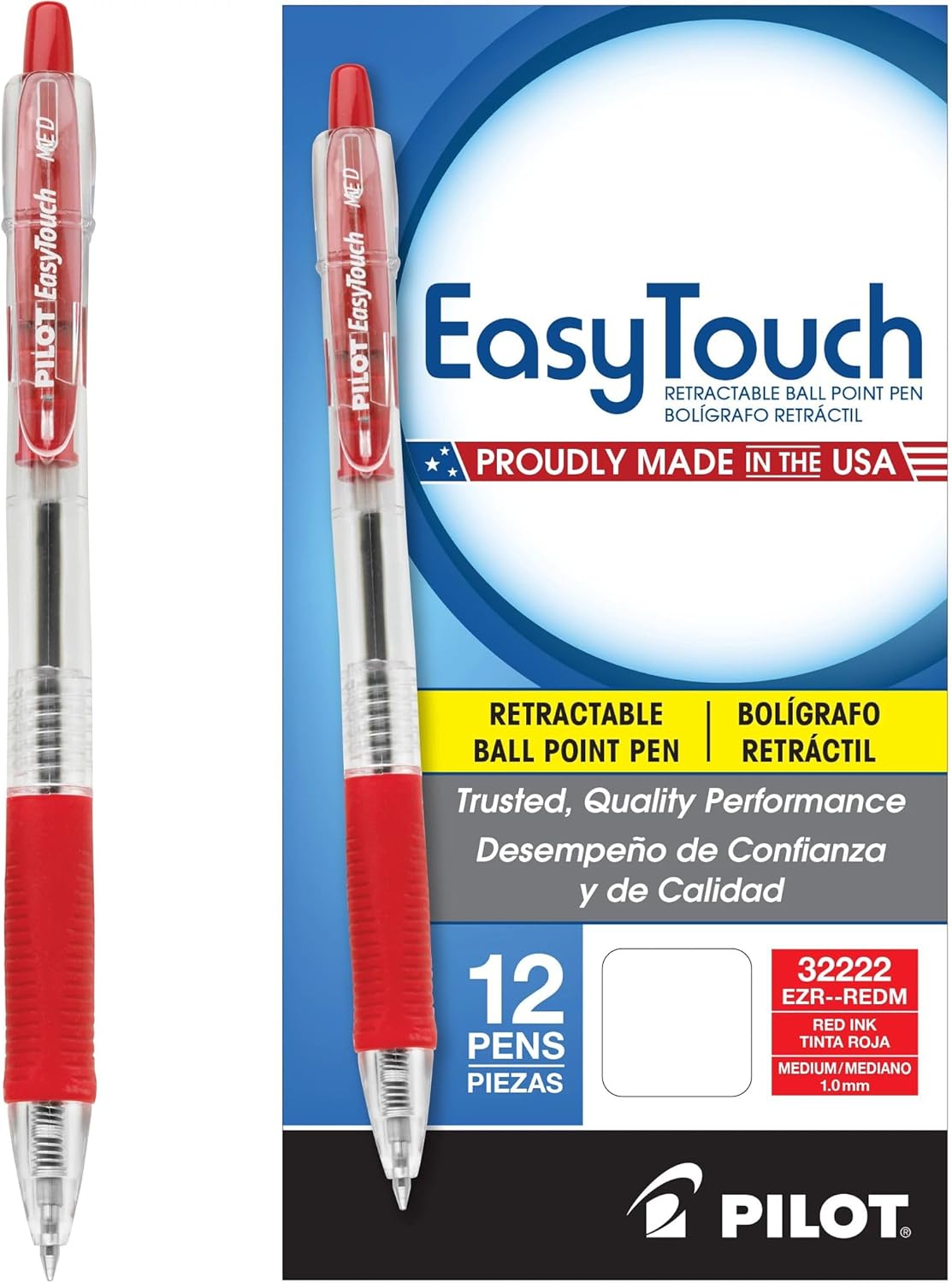 PILOT EasyTouch Refillable & Retractable Ballpoint Pens, Medium Point, Blue Ink, 12-Pack (32221)