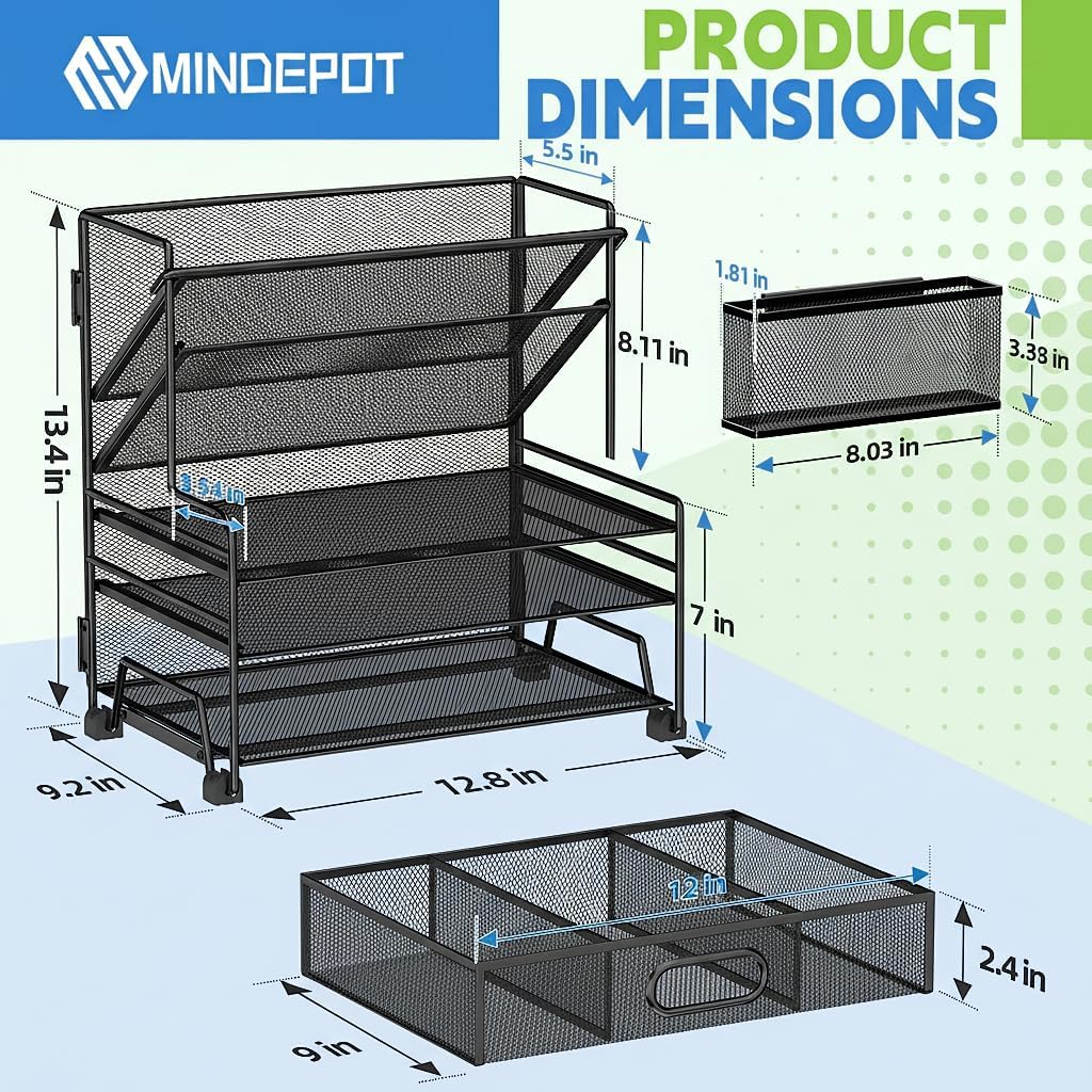 MINDEPOT 4-Tier Paper Organizer + 3-Pocket File Holder + Drawer + Pen Holders, Desktop File Organizers Paper Tray for Office Supplies School Classroom Organization (Black, No Drawer & Pen Holder)