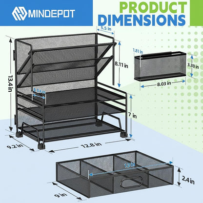 MINDEPOT 4-Tier Paper Organizer + 3-Pocket File Holder + Drawer + Pen Holders, Desktop File Organizers Paper Tray for Office Supplies School Classroom Organization (Black, No Drawer & Pen Holder)