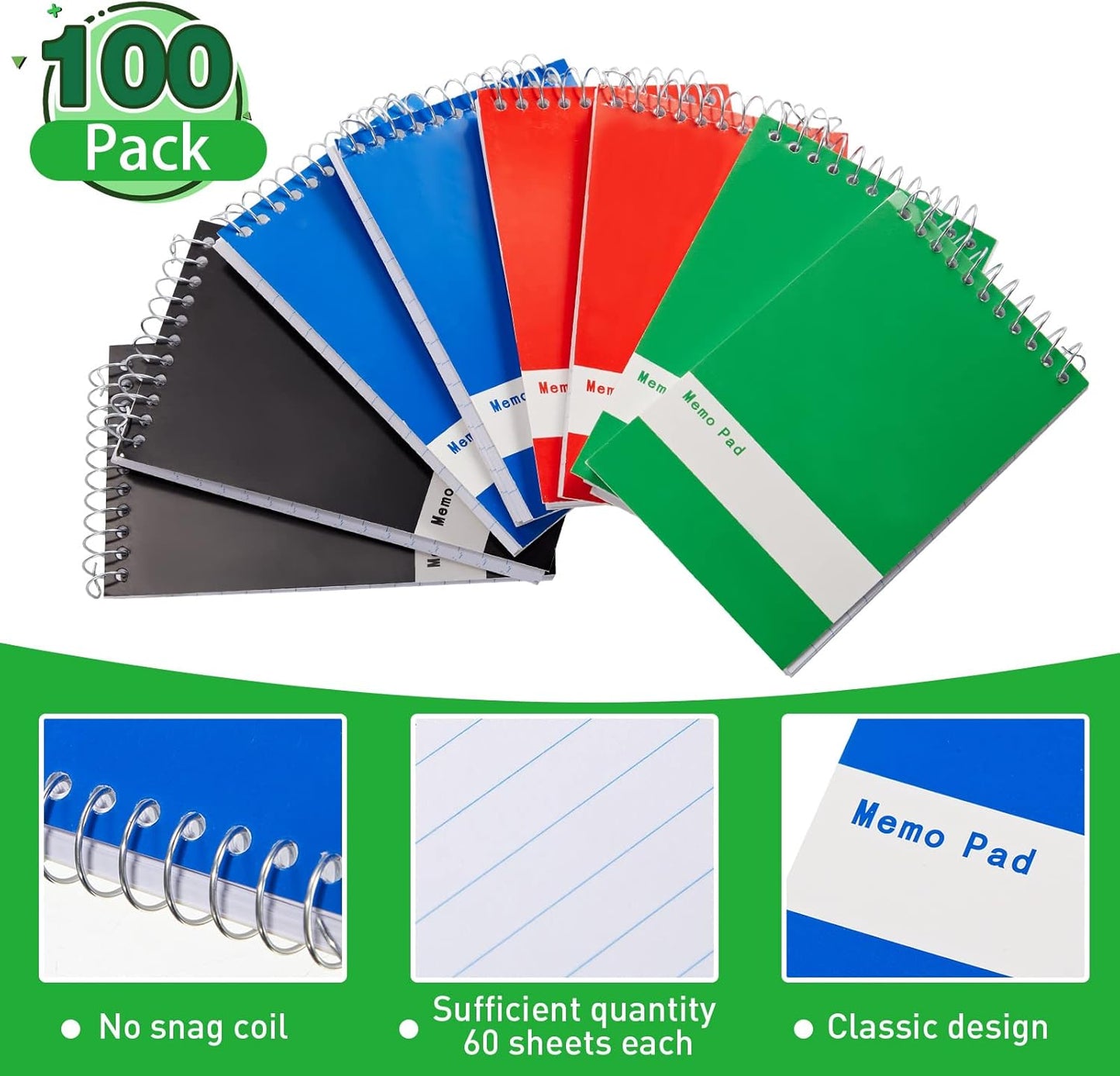 Thenshop 100 Pads Spiral Memo Pads Bulk 3 x 5 Inch Small Pocket Notepad Top Bound Lined 60 Sheets Mini Notebooks for School College Office Home Supplies (Fresh Colors)