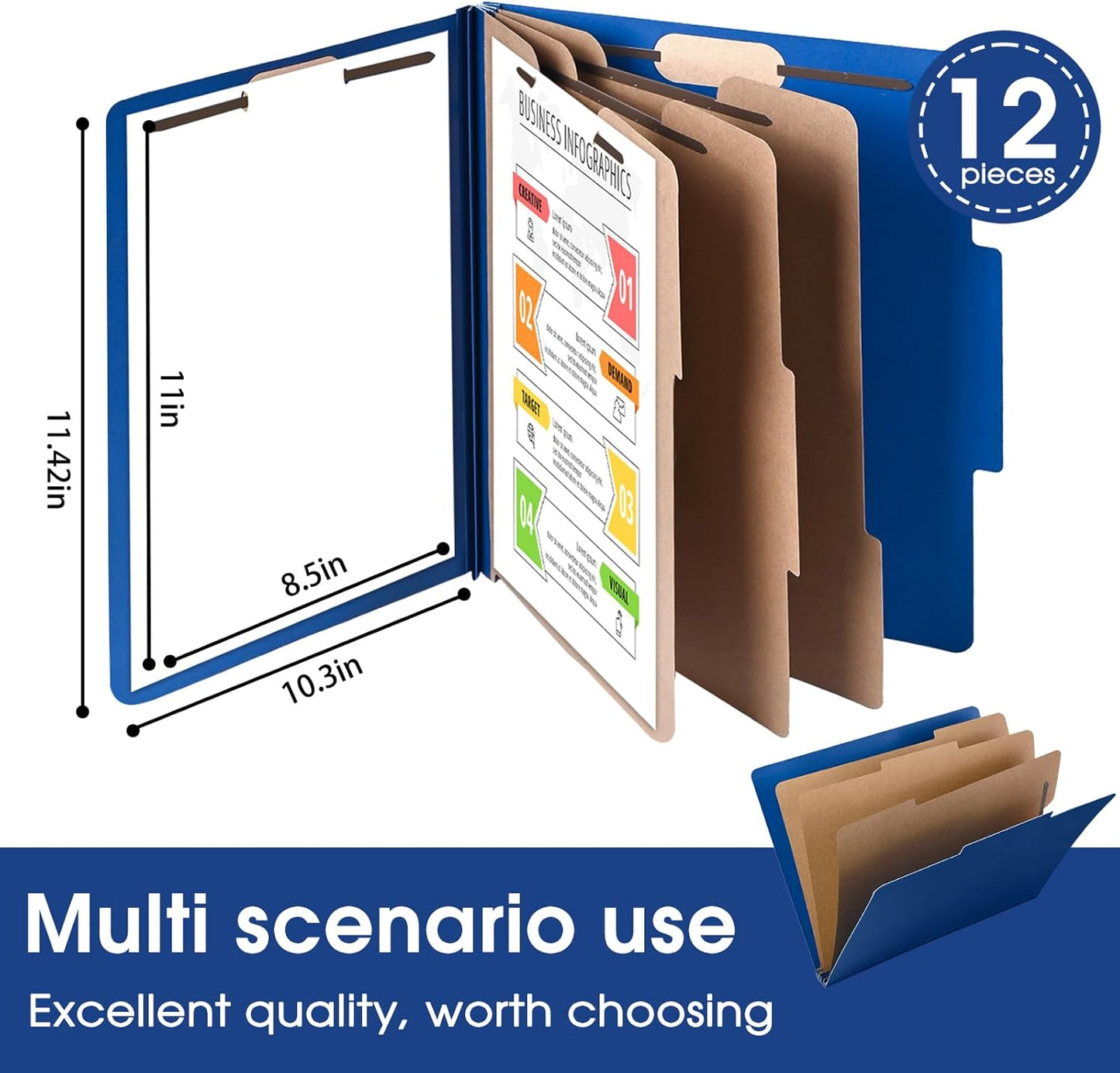 Cesil Pressboard Classification File Folders, 12pcs 3 Dividers Blue File Folders Letter Size with 2 Prongs Fastener, Heavy Duty Office File Organizer for Teacher School Medical Employee File Folers