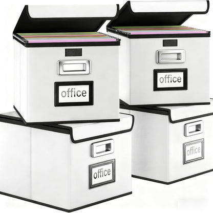 Huolewa Upgraded Portable File Organizer Box with Lid, Collapsible Linen Hanging Filing Storage Boxes with Plastic Slides, Decorative Home/Office Filing System Box for File and Folders Storage (Gray)