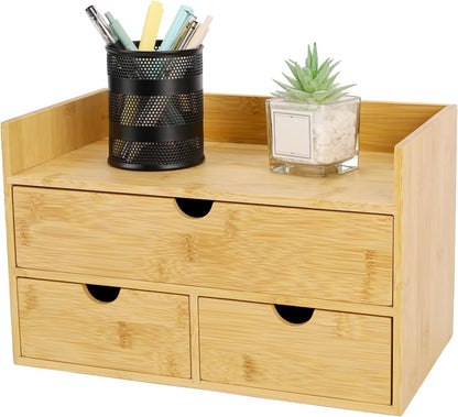 Charmewooden Bamboo Desk Organizer With Drawers Countertop Drawers Counter Storage Box Corner Desk Organizer for Home Office No Assembly Required (3 Drawers)