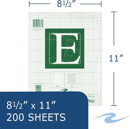 ROARING SPRING Graph Ruled Engineering Pad, Engineering Graph Paper Pad, 5x5 Enclosed Grid, 8.5" x 11", 200 Sheets, 3 Hole Punched, Green Tinted Sheets, Made in USA