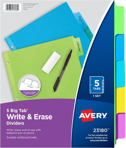 Avery Big Tab Write & Erase Dividers, 5 Multicolor Tabs, 1 Set (23180)