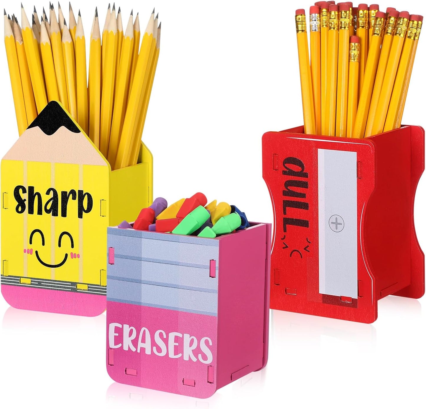AmazingSpark 3 Pcs Pencil Shaped Holder Sharp and Eraser and Dull Holder Wooden Dispenser Pencil Storage Organizer for Back to School Management Organization (Classic)