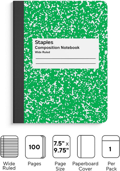 STAPLES Composition Notebook, 9.75” x 7.5”, Wide Ruled, 100 Sheets, Green Cover