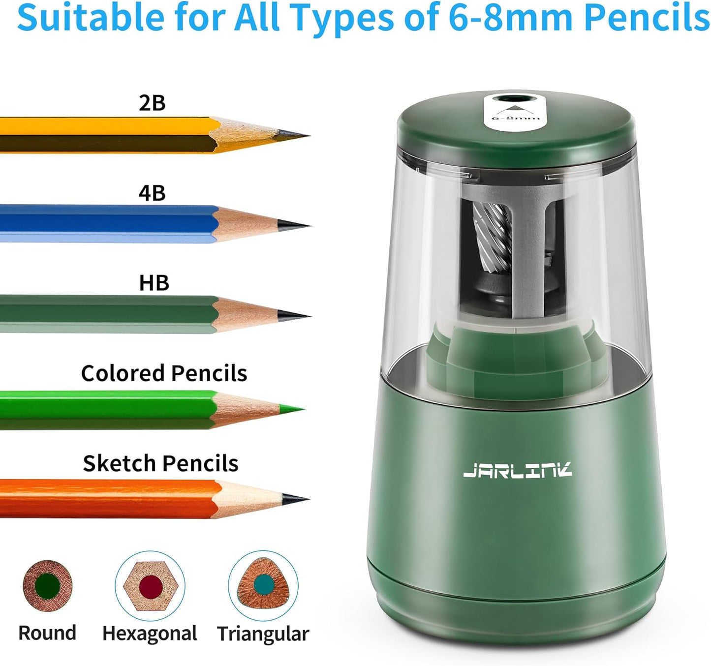 JARLINK Electric Pencil Sharpener, Heavy-Duty Helical Blade to Fast Sharpen, Auto Stop for No.2/Colored Pencils(6-8mm), AC Adapter/Battery Operated in School Classroom/Office/Home (Black)