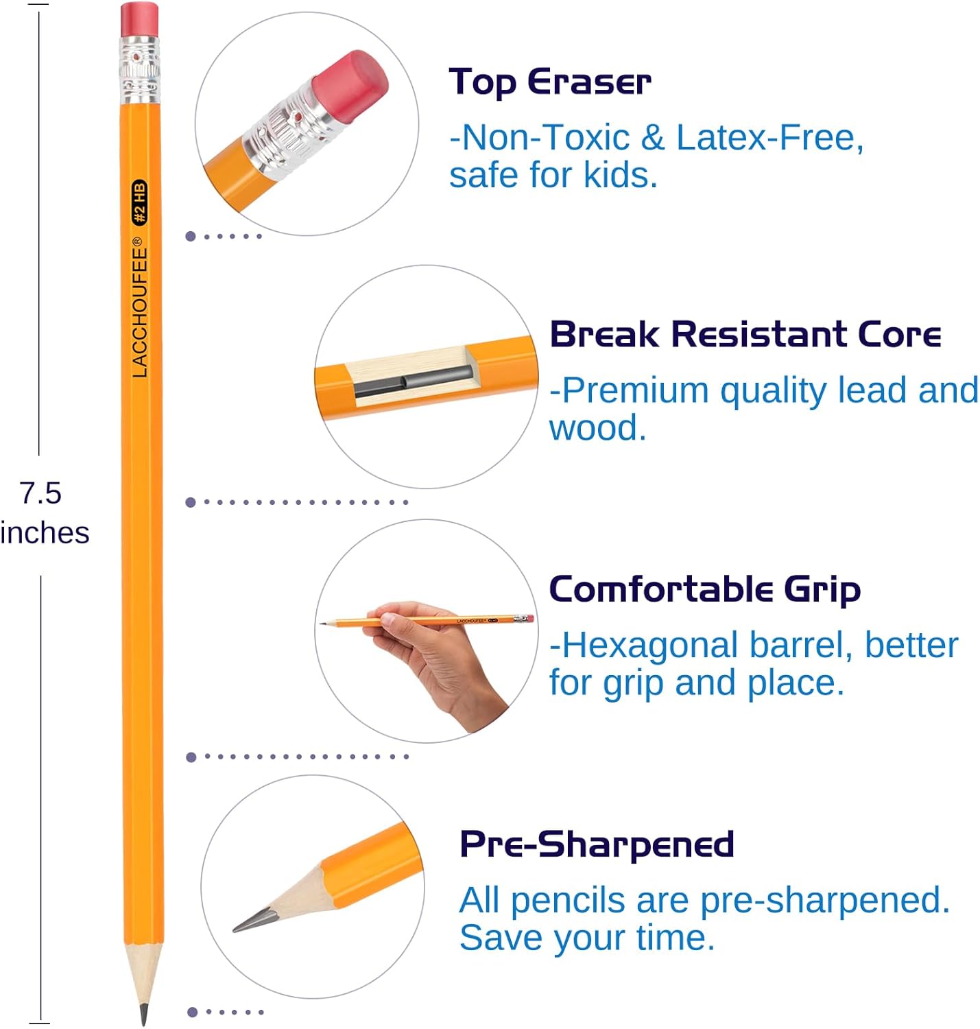 LACCHOUFEE Wood-Cased #2 HB Pencils Bulk, Pre-sharpened with Eraser top, Yellow Pencils for Writhing Drawing, Office, School, Teacher and Classroom Supplies