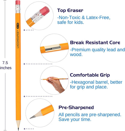 LACCHOUFEE Wood-Cased #2 HB Pencils Bulk, Pre-sharpened with Eraser top, Yellow Pencils for Writhing Drawing, Office, School, Teacher and Classroom Supplies