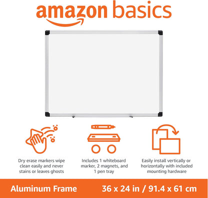 Amazon Basics Magnetic Dry Erase Whiteboard, 36 x 48-inch, Aluminum Frame, Silver/White, Easy to Install