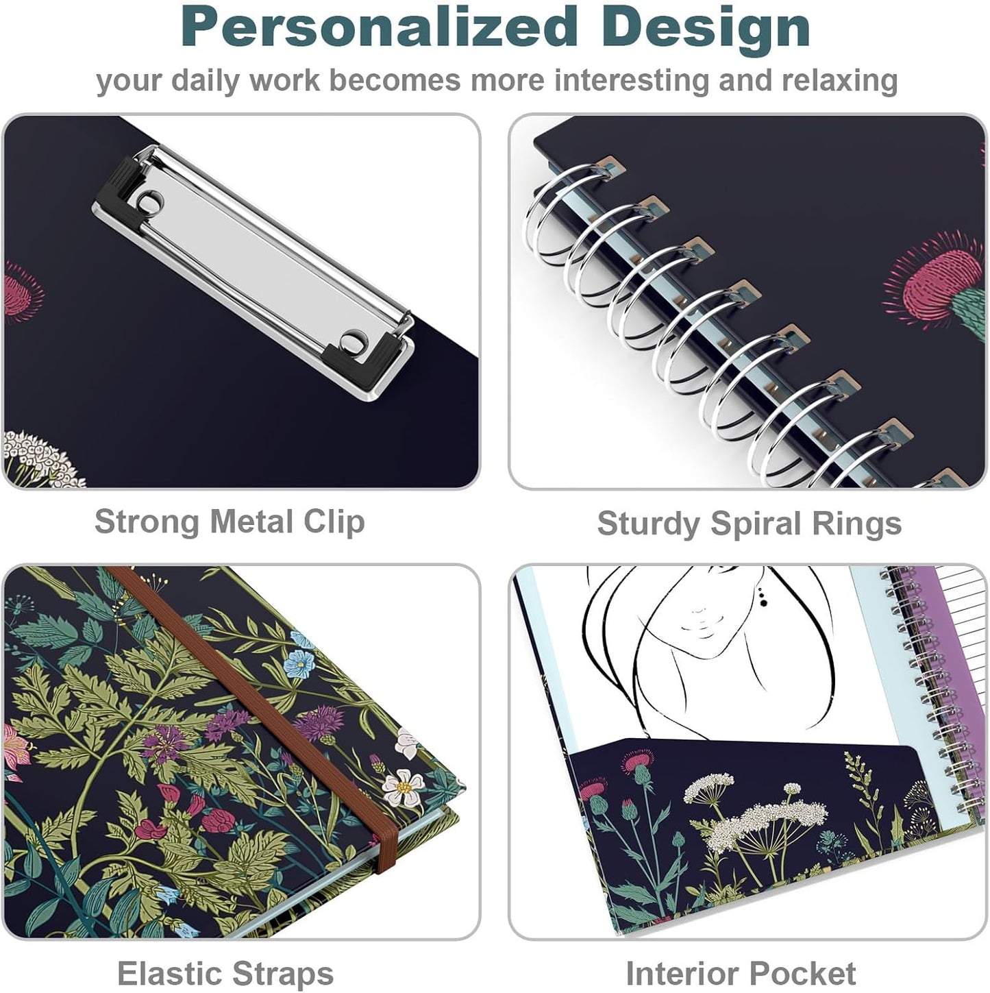 Hongri Clipboard Folio with Refillable Lined Notepad, 8.5 x 11 Folders with Storage 10 Pockets, Spiral Portfolio, Size 12.8X 9.7 in, Office & School Supplies, Skeleton