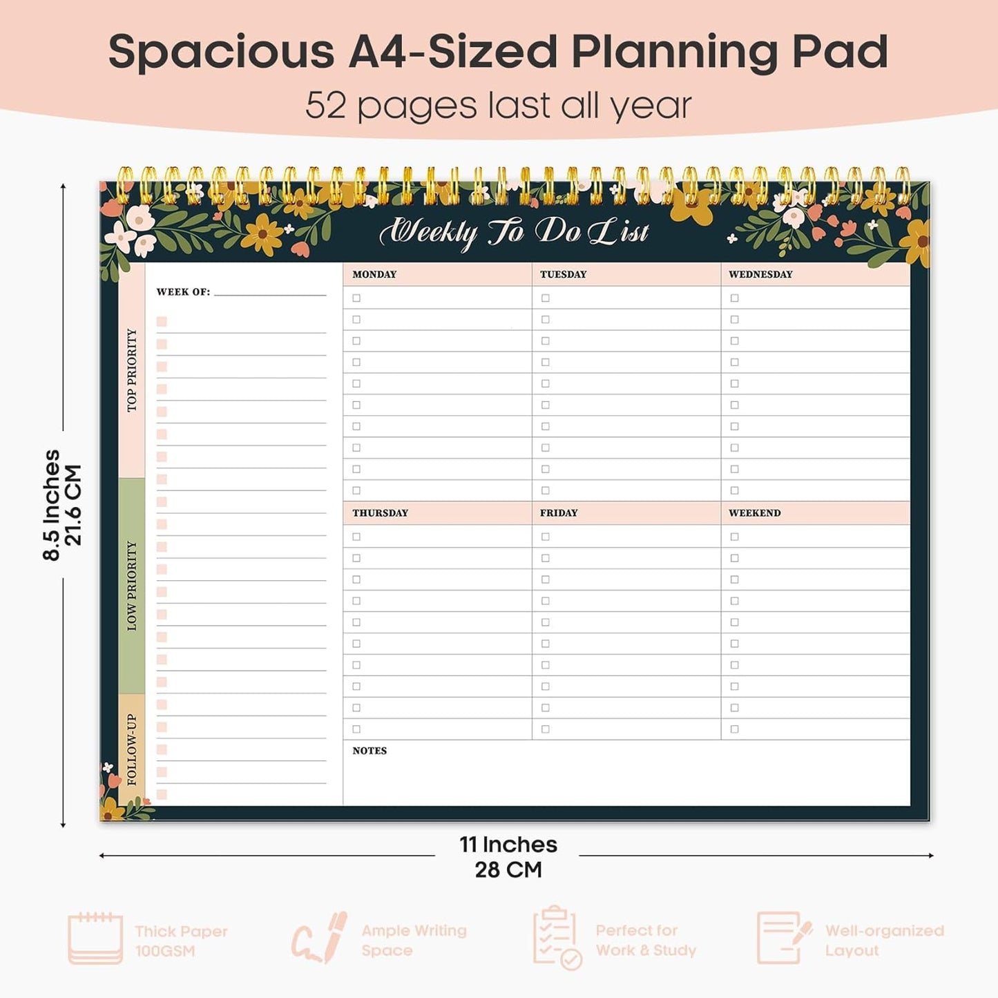 Taja Weekly To Do List Notepad with 52 Undated Sheets（8.5"×11"）- Weekly Desk Planner for Women & Man, Work and Home -1 Pack Violet Dream