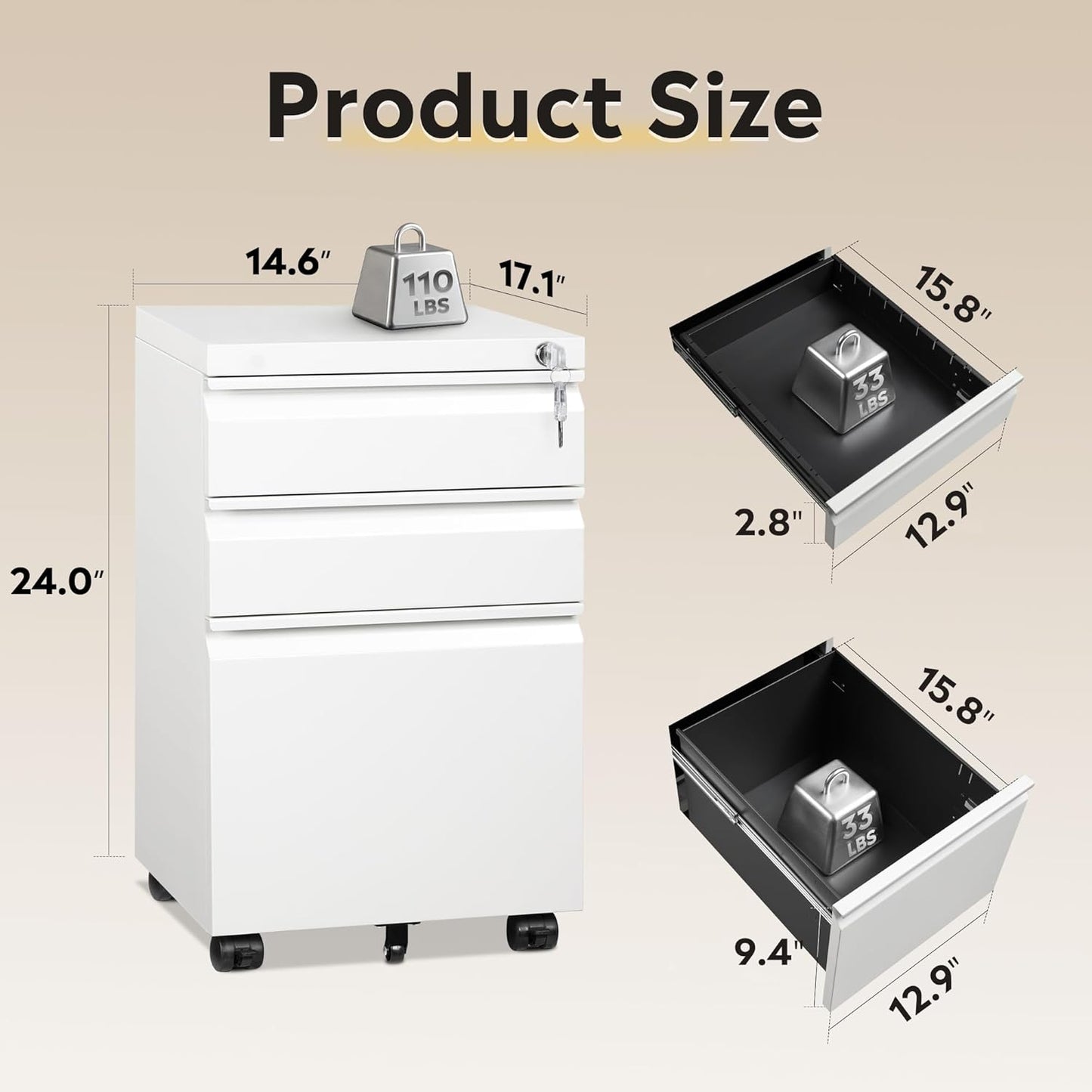 DEVAISE 3 Drawer Mobile File Cabinet Under Desk Office, Fully Assembled Except Casters, Letter/Legal Size, Black
