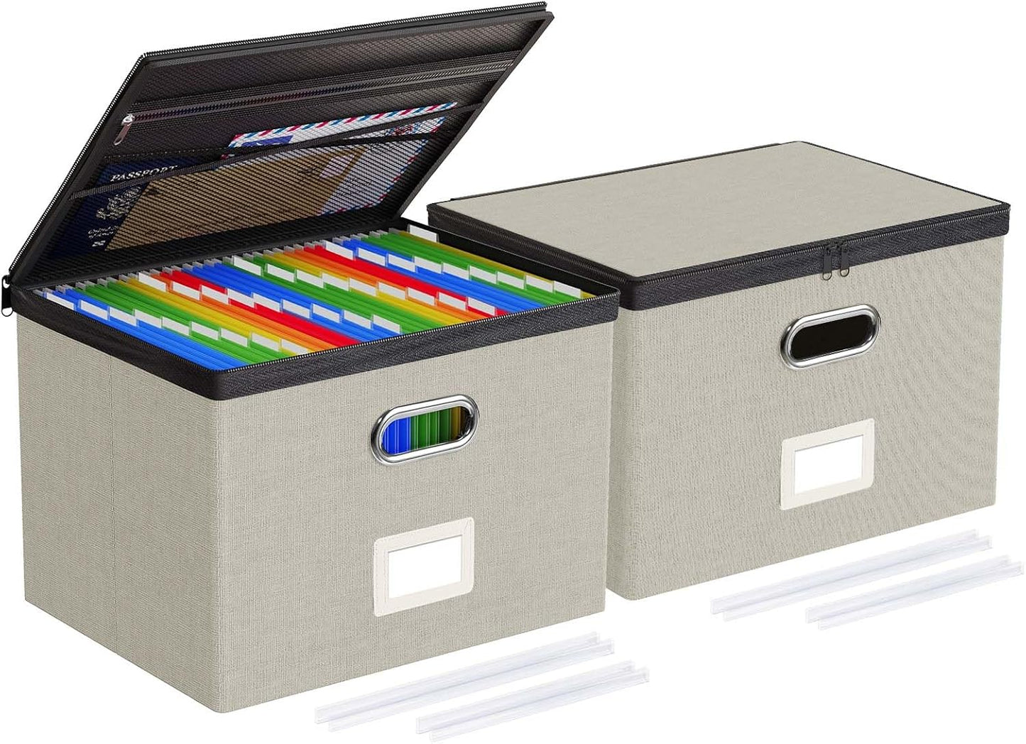 Oterri 2 Pack File Organizer Boxes with Lids, File Box with Mesh Pockets, Document Organizer Box for File Folders Letter Size, Zippers Filing Box for Home, Office, School (Green, Without Folders)