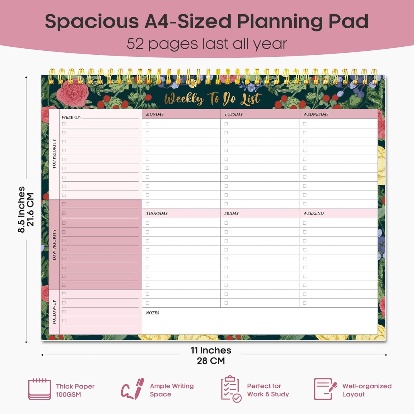 Taja Weekly To Do List Notepad with 52 Undated Sheets（8.5"×11"）- Weekly Desk Planner for Women & Man, Work and Home -1 Pack Violet Dream