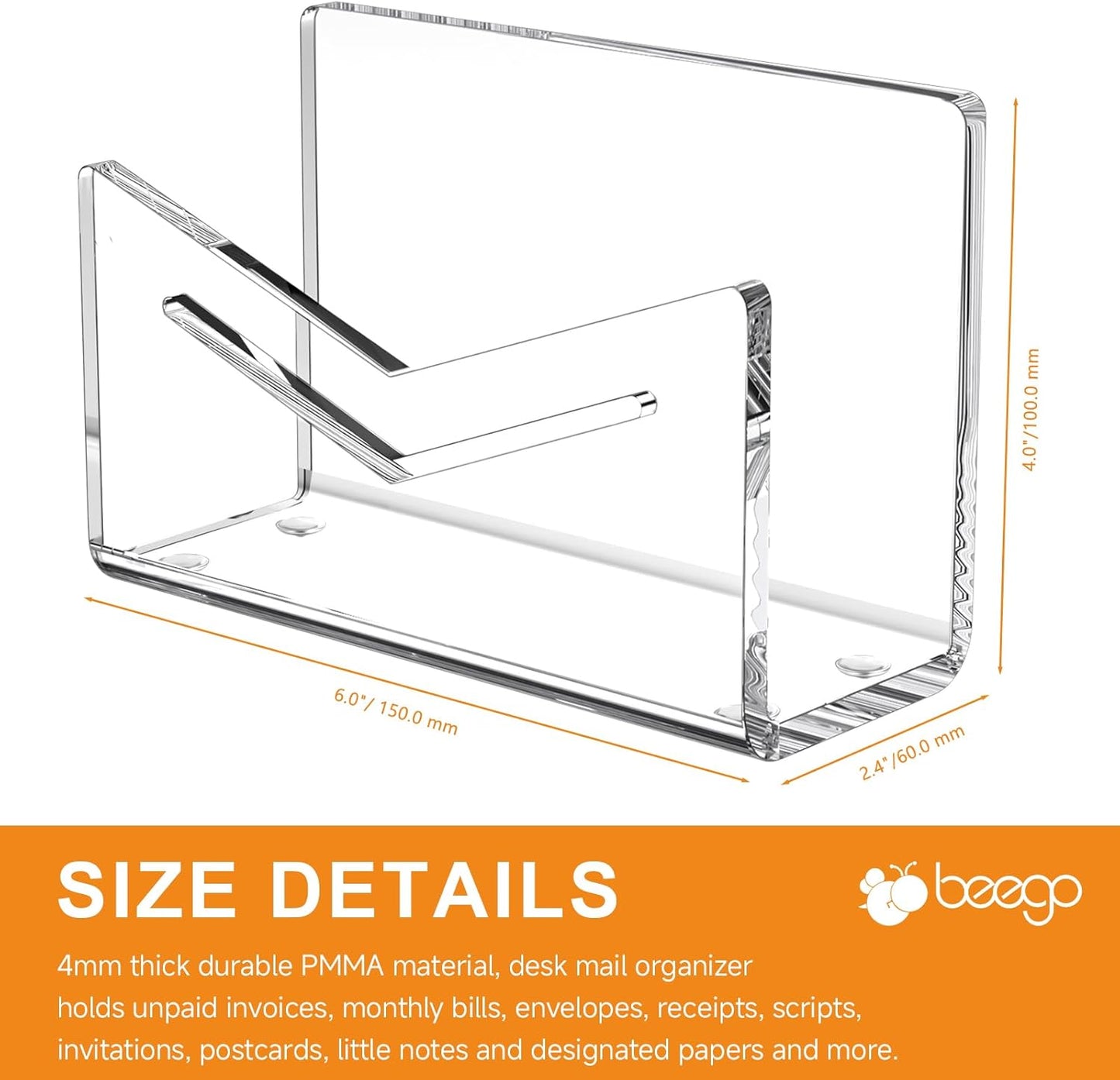 Beego Envelope and Mail Organizer Countertop - 3 Compartments Black Acrylic Desk Organizer Letter Holder Desktop File Sorter Bill Document Folder Rack for Office, Home, School Desk Organization
