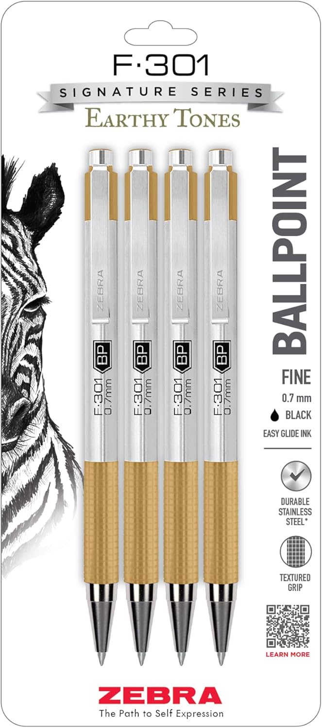 Zebra Pen F-301 Ballpoint Black, Blue, Red and Green Ink, Fine Point 0.7mm Pen, Easy-Glide Ink, Stainless Steel Retractable, Non-Slip Grip, Professional Design, Ideal for Office, 4-Pack (27174)