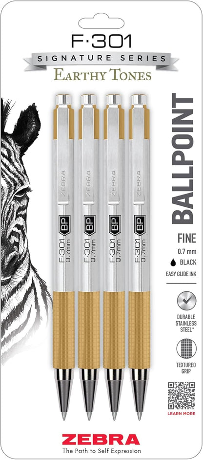 Zebra Pen F-301 Ballpoint Black, Blue, Red and Green Ink, Fine Point 0.7mm Pen, Easy-Glide Ink, Stainless Steel Retractable, Non-Slip Grip, Professional Design, Ideal for Office, 4-Pack (27174)