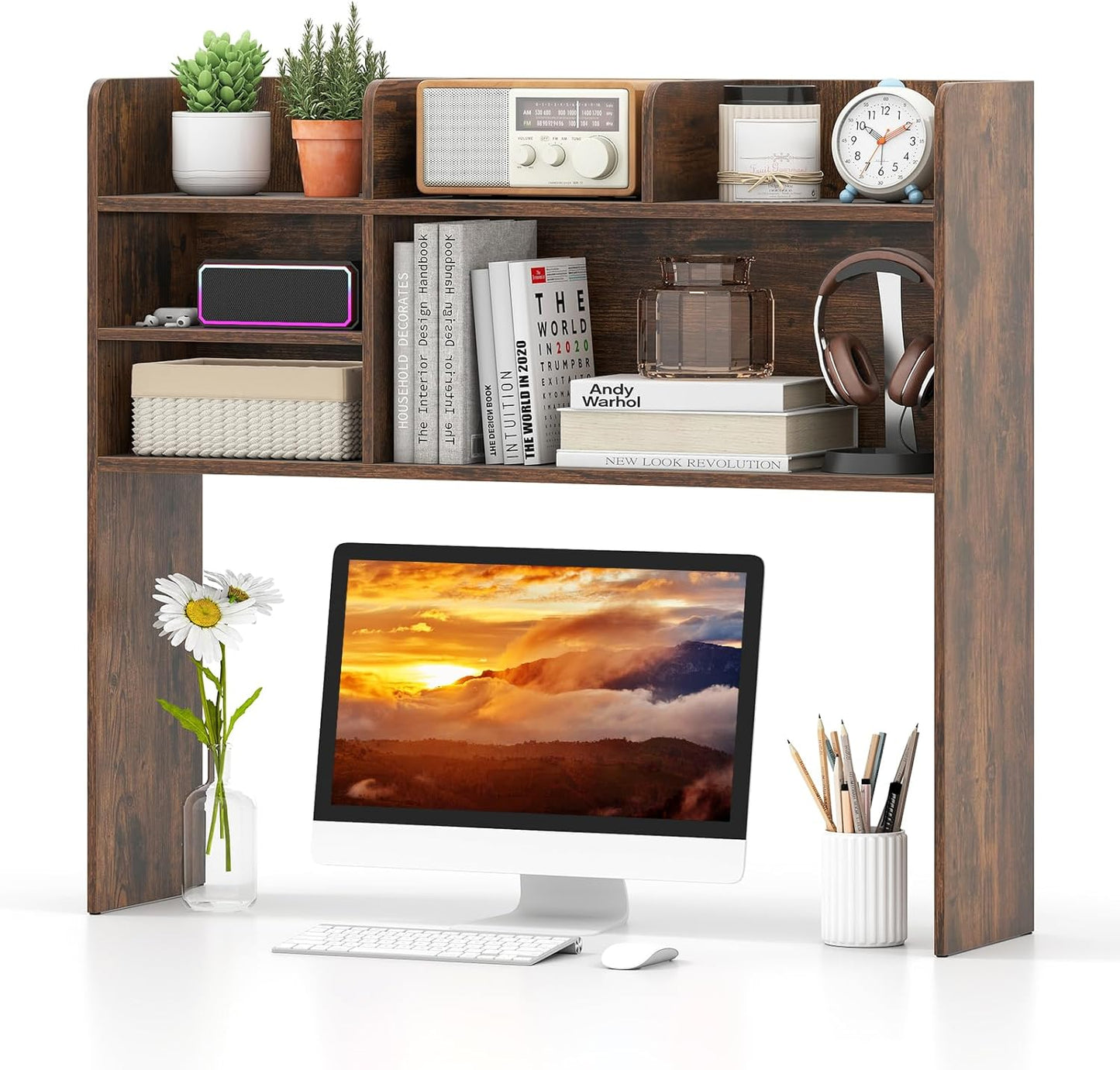 Tangkula Desktop Bookshelf, Countertop Storage Hutch with 5 Shelves for Computer Desk, Desk 3-Tier Display Rack, Multipurpose Wood Desktop Hutch Storage Organizer for Dorm Office Home