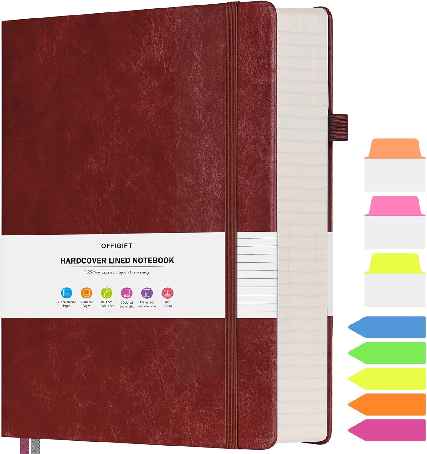 Lined Journal Notebook, Large A5 College Ruled Notebook, 312 Numbered Pages Work Notebook with Index Stickers, 100gsm Thick Paper, Hardcover Vegan Leather Journal for Women Men School Office, Black