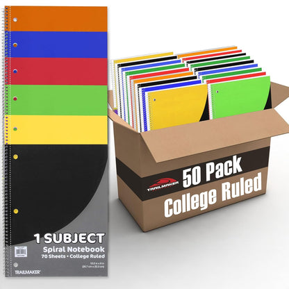 Trail maker Bulk Notebooks (50 Pack), One Subject Notebooks College Ruled, 140 Pages (70 Sheets),Spiral Bulk Notebooks for Kids, School Supplies, Journaling, Note Taking, Students, and Work