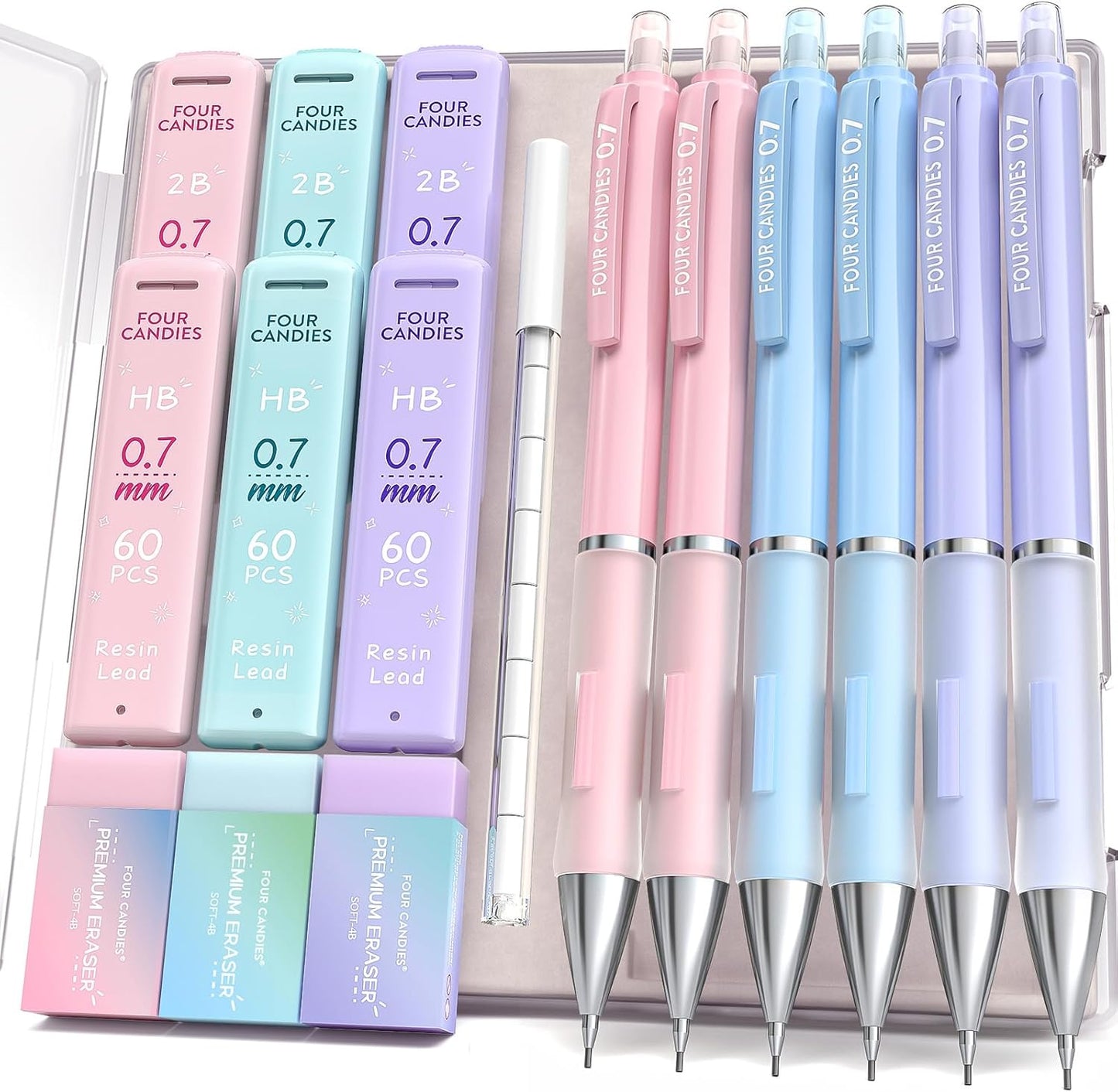 Four Candies Mechanical Pencil Set - 0.7mm (Medium Point), 6PCS Cute Pencils Mechanical with 360PCS (HB & 2B) Lead Refills & 12PCS Erasers & 1PCS Storage Case, Pastel Aesthetic Lead Pencils for School