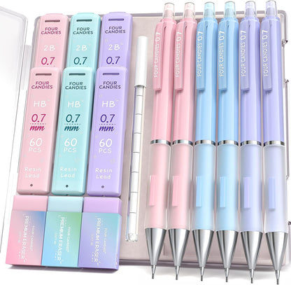 Four Candies Mechanical Pencil Set - 0.7mm (Medium Point), 6PCS Cute Pencils Mechanical with 360PCS (HB & 2B) Lead Refills & 12PCS Erasers & 1PCS Storage Case, Pastel Aesthetic Lead Pencils for School