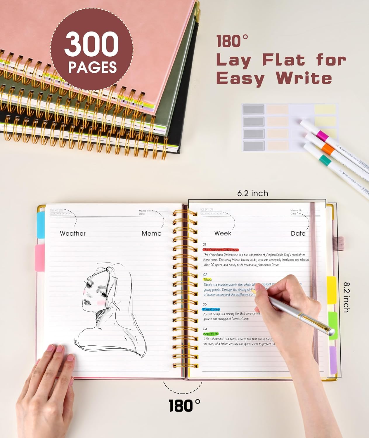 Hardcover Spiral Notebook Journal with Removable Dividers Tabs, 300 Pages Leather 5 Subject Notebook College Ruled, 8"x10" Large B5 Notebooks for Work School Note taking, Lined Journal for Women, Pink