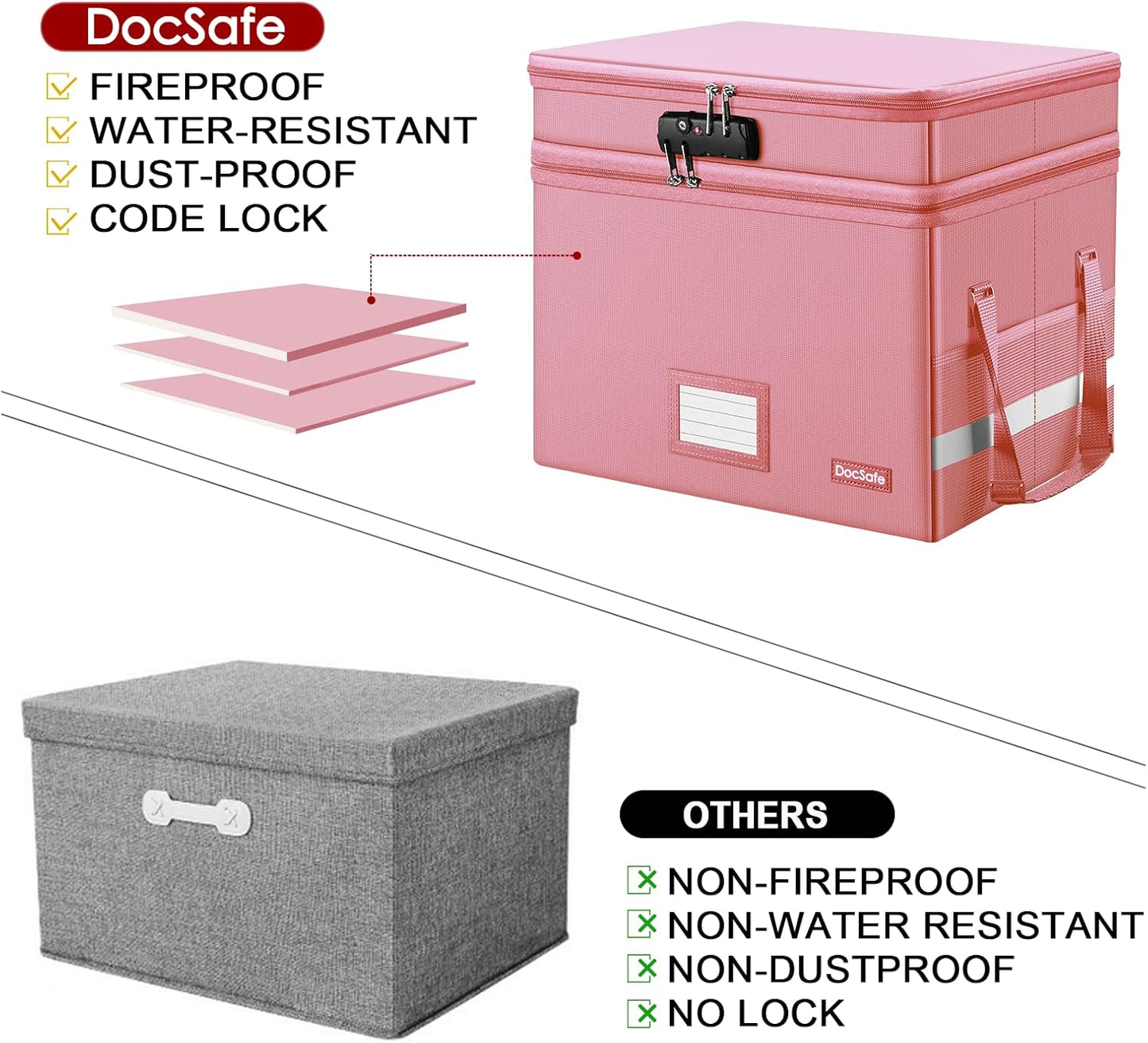DocSafe File Box with Lock,Multi-Layer Fireproof Document Box Collapsible File Storage Organizer with Pockets/Handle,Large Portable Home Office Filing Safe for Hanging Letter/Legal Size Folders,Black