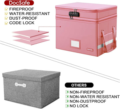 DocSafe File Box with Lock,Multi-Layer Fireproof Document Box Collapsible File Storage Organizer with Pockets/Handle,Large Portable Home Office Filing Safe for Hanging Letter/Legal Size Folders,Black
