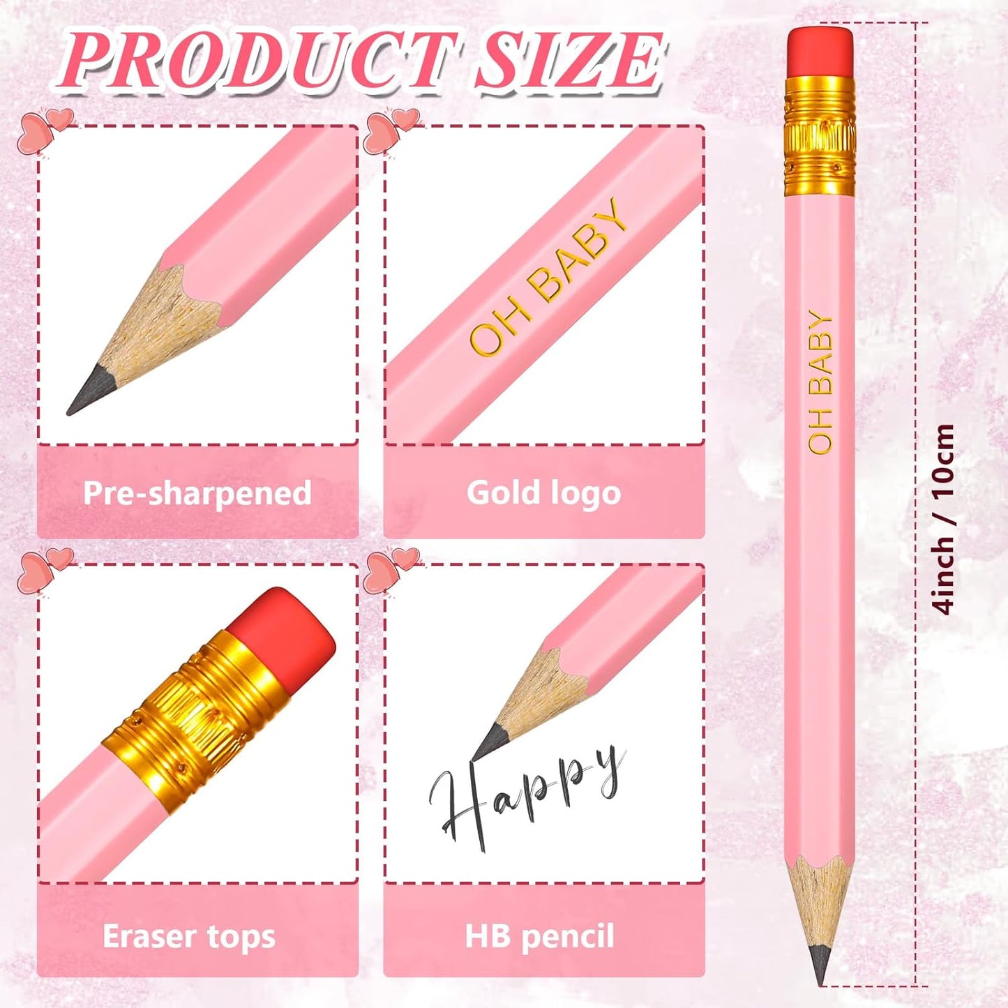 Crtiin 50 Pieces Baby Shower Pencils for Activities Mini Golf Half Pencils, Presharpened with Erasers, 4 Inch(Wood Color,Simple Style)
