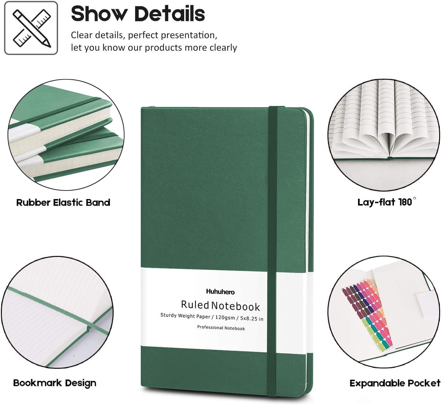 Huhuhero 5 Pack Lined Journal Notebooks, Hardcover Notebook for Work School Office, 5"×8.25", 120Gsm Thick Ruled Writing Journals for Note Taking Business, Black