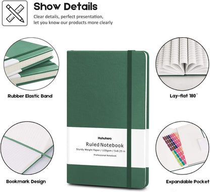 Huhuhero 5 Pack Lined Journal Notebooks, Hardcover Notebook for Work School Office, 5"×8.25", 120Gsm Thick Ruled Writing Journals for Note Taking Business, Black