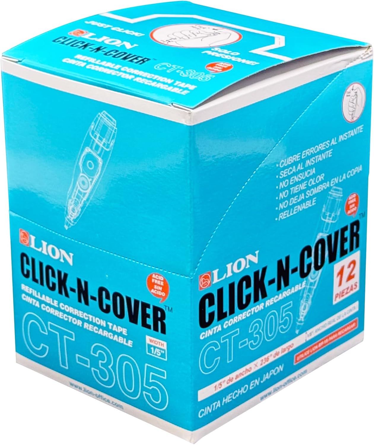 LION CLICK-N-COVER Refillable Correction Tape, Retractable Tip, 1/5" wide and 236" long, Acid-Free, 1 ea. (CT-305)