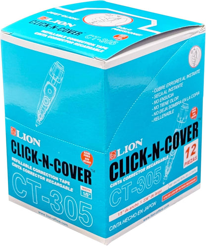 LION CLICK-N-COVER Refillable Correction Tape, Retractable Tip, 1/5" wide and 236" long, Acid-Free, 1 ea. (CT-305)