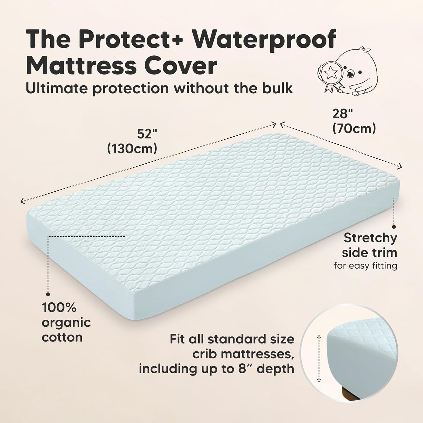 2-Pack Waterproof Crib Mattress Protector Cover Fitted - Quiet Baby Crib Mattress Pad Sheets, 52" x 28" Soft Quilted Cotton Baby Sheet, Machine Washable, Easy Fit, Durable (Soft White/Mavy)