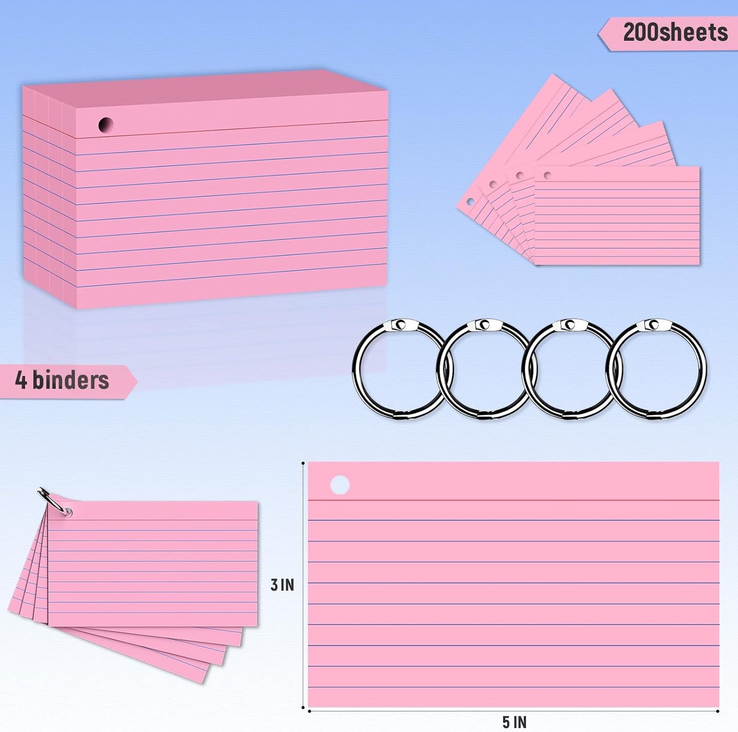 200 Count 3 x 5 Inch Purple Index Cards with Binder Rings, Lined & Blank Study Cards, Thick Cardstock Flash Cards for Students & Teachers, Color-Coded Notecards for School, Home, Work