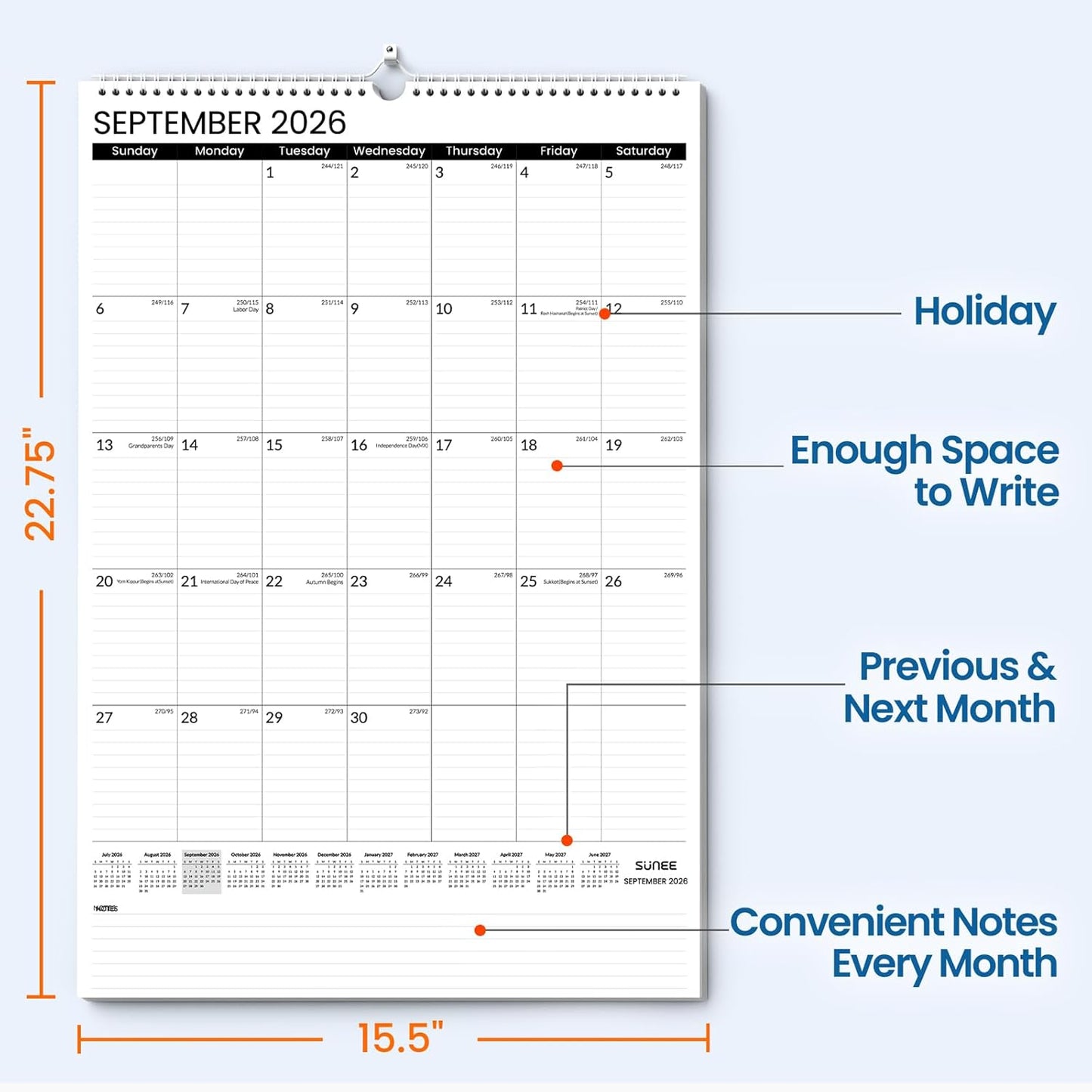 SUNEE 2026 Wall Calendar Large 22.75"x15.5", 21 Month Calendar (Ends December 2027), Vertical Extra Large, Seasons Color