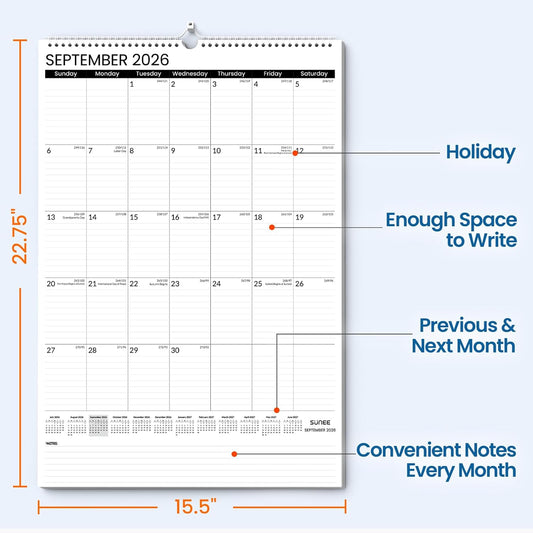 SUNEE 2026 Wall Calendar Large 22.75"x15.5", 21 Month Calendar (Ends December 2027), Vertical Extra Large, Seasons Color