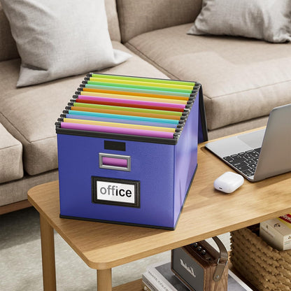 Huolewa Upgraded Portable File Organizer Box with Lid, Collapsible Linen Hanging Filing Storage Boxes with Plastic Slides, Decorative Home/Office Filing System Box for File and Folders Storage (Gray)
