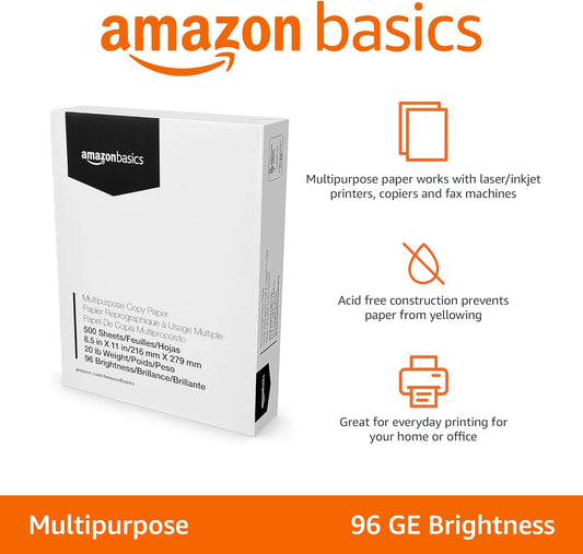 Amazon Basics Multipurpose Copy Printer Paper, 8.5 x 11 Inches, 24 lb Weight, 97 Bright White, 1500 Sheets (3 Packs of 500), for Inkjet and Laser