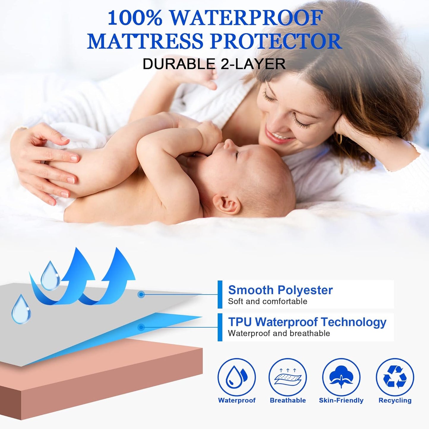 Sufdari Mattress Protector,Waterproof 18" Deep Pocket Mattress Cover Fitted Sheet Style with Elastic Rubber Band,Washable and Easy Care-Black,Queen