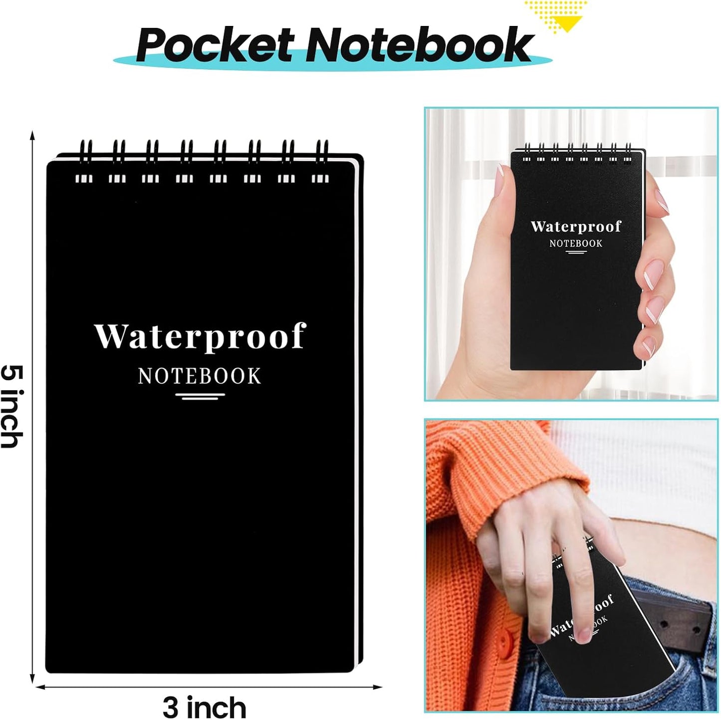 wavamawa 6 Pack Waterproof Notebook, 3x5 Pocket Notepad, Small Top Spiral Stone-Paper Notepad, Mini Pocket Notebook, Little Memo Note Pads for Outdoor, Office, School, Travel (Black)